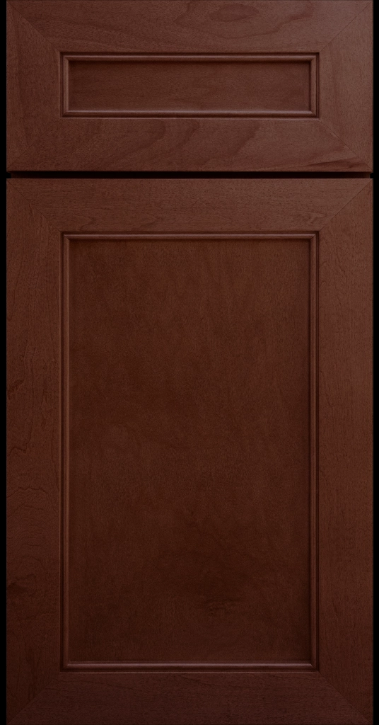 Alpine-style mitered shaker cabinet in Cherry Stain with a flat center panel & inside bead detail.
